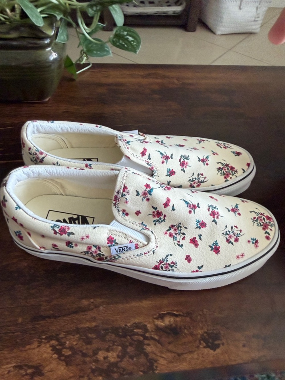 Vans Slip-On Floral Canvas Sneakers - Cream with Pink and Green Accents - Picture 5 of 7